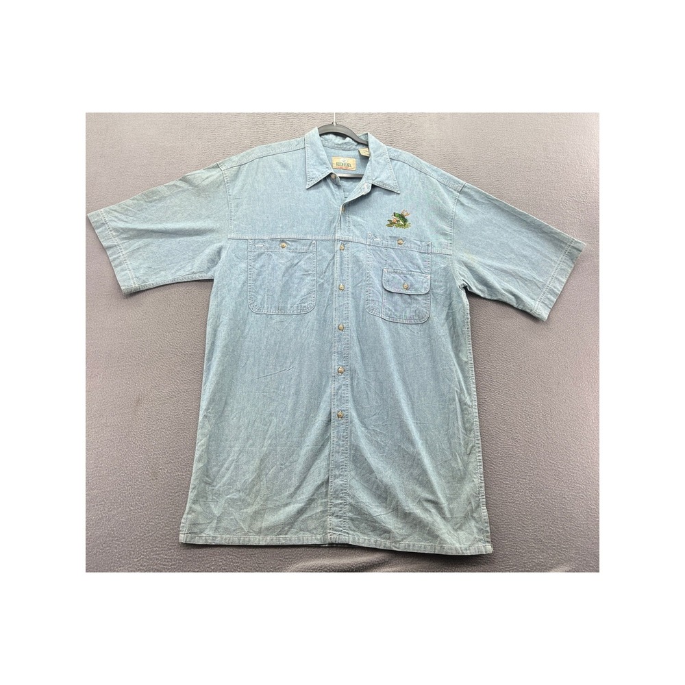 VTG RedHead Shirt Mens Chambray Fishing Large Blue Cotton Embroidered Bass Fish